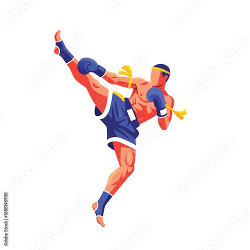 Illustration of a Muay Thai fighter executing a powerful high kick, showcasing agility.