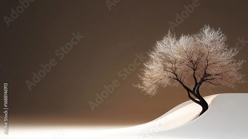 Minimalist winter tree on smooth snowy hill with soft gradient background, nature transition concept between fall and winter
