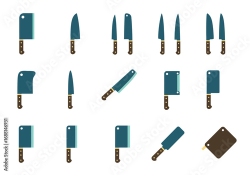 Flat vector kitchen knives and a cutting board are neatly arranged