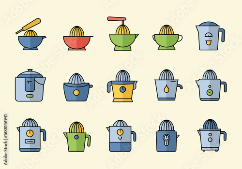 Flat colorful juicer icons arranged in rows on a beige background