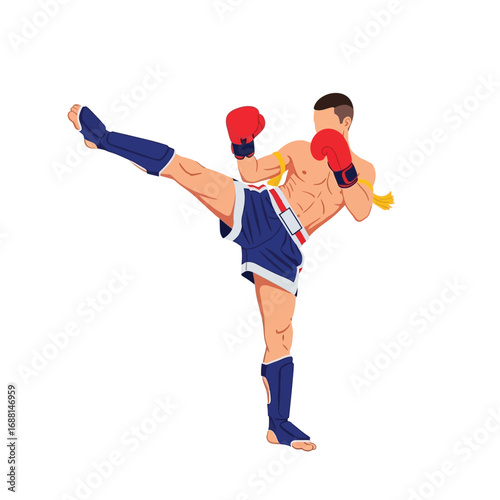 A stylized illustration of a male Muay Thai fighter executing a powerful kick.