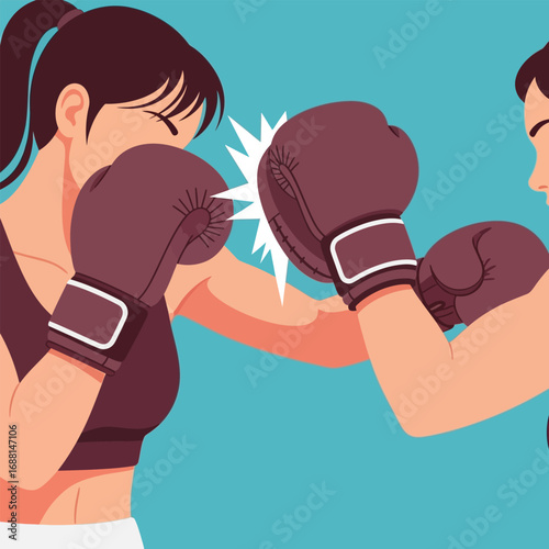 Two boxers sparring, one throwing a punch with boxing gloves, action depicted with starburst effect.