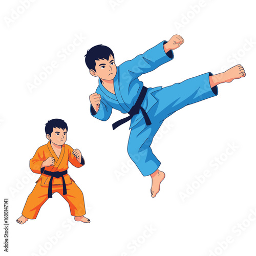 Two boys practicing martial arts. One is kicking while the other is in a defensive stance.