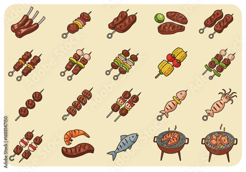 Grilled foods illustration lamb chops kebabs sausages steak corn tomatoes fish squid shrimp and grills on a beige background