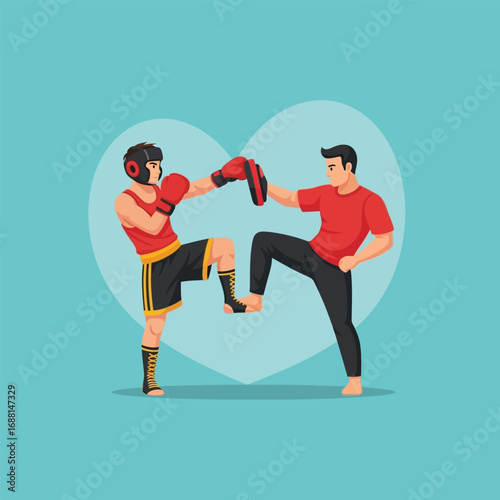 Two martial artists in action, demonstrating a kickboxing technique, set against a light teal background.