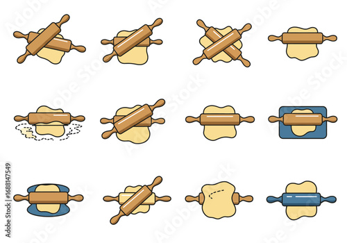 Rolling pin icons wood pins over dough in different styles