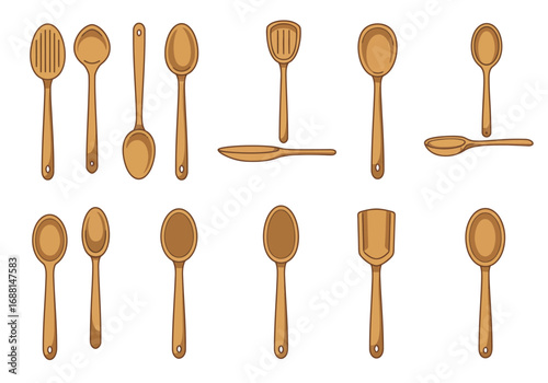 The image depicts a collection of wooden spoons of varying shapes and sizes