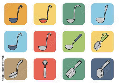 Twelve squares each showcasing a utensil including ladles and scoops against varied vibrant backgrounds