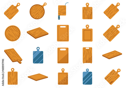 Various cutting boards with differing shapes colors and designs are arranged against a white background