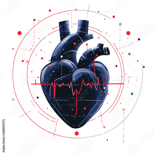 Abstract blue human heart with red cardio pulse line and red circle. Healthcare medical concept , vector style simple color