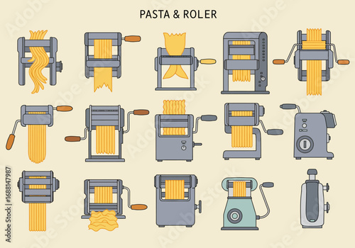 Various pasta rolling machines with freshlymade pasta displayed in a grid on a plain background