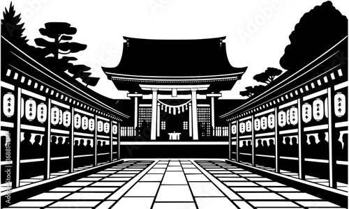 Lantern festival Kyoto shrine night glow silhouette,Japanese culture vector illustration