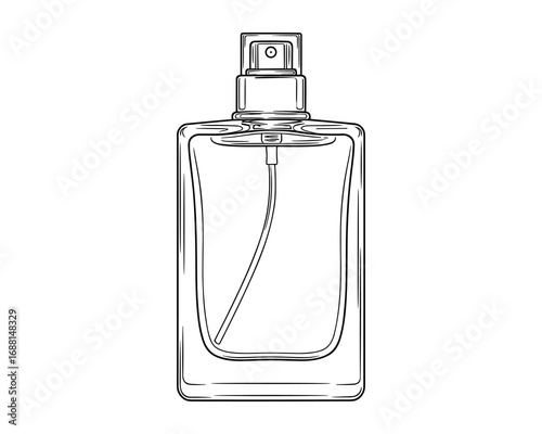 Detailed vector illustration of a square clear glass perfume bottle with atomizer.