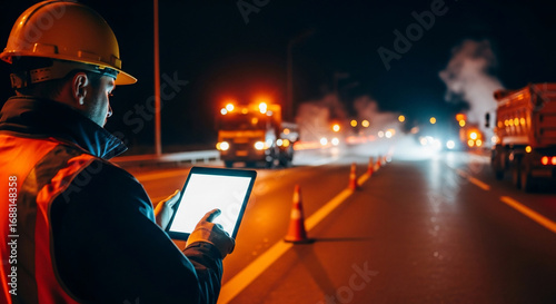 Worker using tablet at night on road