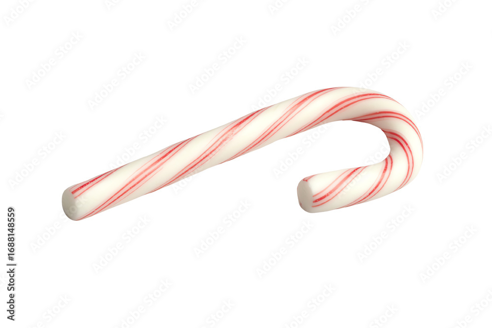 Fototapeta premium A vibrant candy cane with red and white stripes on a white isolated background, perfect for holiday themes.