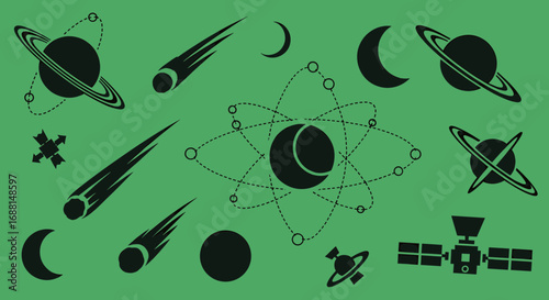 Collection of black space and astronomy icons on a green background, including planets, comets, and satellites.