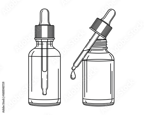 Two clear glass bottles with droppers filled with liquid, vector illustration, healthcare