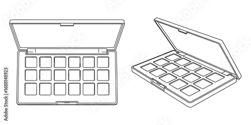 Detailed Line Art Illustration of a Fifteen-Pan Eyeshadow Palette Cosmetic Case