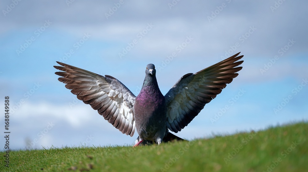 Obraz premium A full-bodied grey pigeon with a purple and pink head, wings spread wide, standing on a lush grassy field, showcasing its detailed feathers and vibrant head colors in a natural outdoor setting.