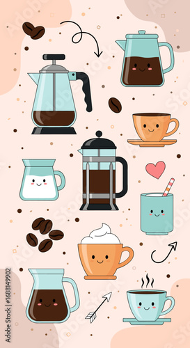 Cute kawaii coffee collection featuring french presses mugs and beans for morning enjoyment