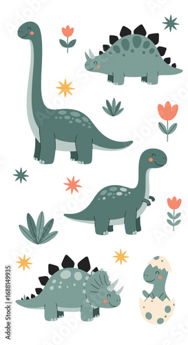 Adorable cartoon dinosaurs featuring a brontosaurus triceratops stegosaurus and baby dinosaur emerging from an egg surrounded by flowers and stars