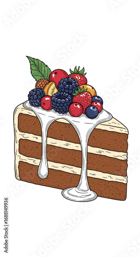 Delicious chocolate layer cake topped with a generous assortment of fresh mixed berries and creamy white glaze drizzle