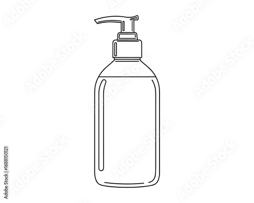 Outlined Clear Bottle with Pump Dispenser: Hygiene, Cleansing, and Personal Care Product.