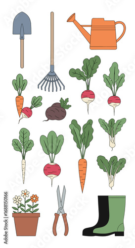 Gardening supplies and freshly harvested root vegetables for your organic produce garden