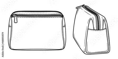 Fashionable cosmetic bag set sketch in vector format, isolated on white background.