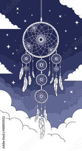 Enchanting dream catcher under a starry night sky with wispy clouds and celestial wonders