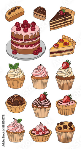 A delicious assortment of sweet baked desserts including cakes pastries and tart slices