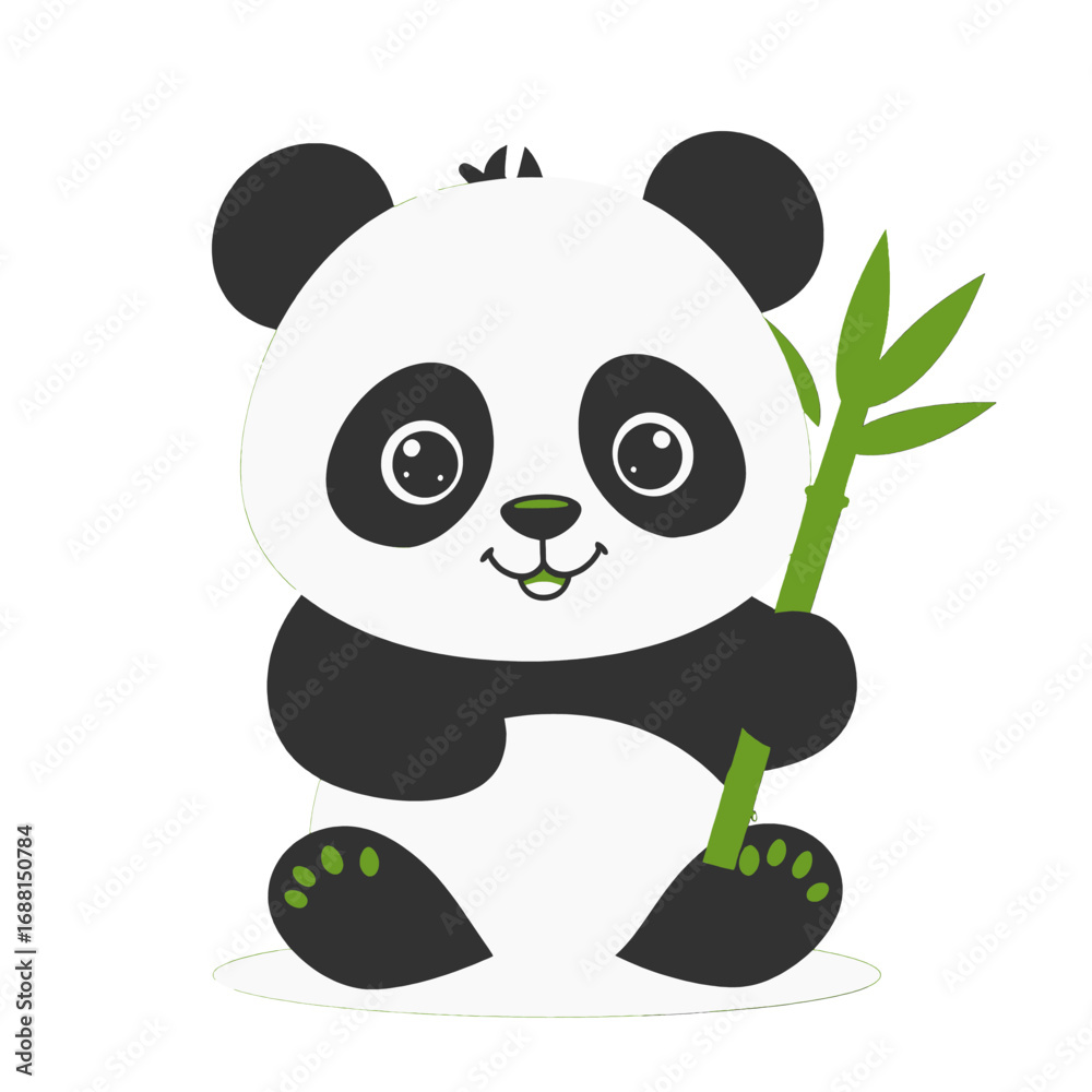 Naklejka premium Cute Panda Bear Cartoon Sitting Holding Bamboo Stick on White Background