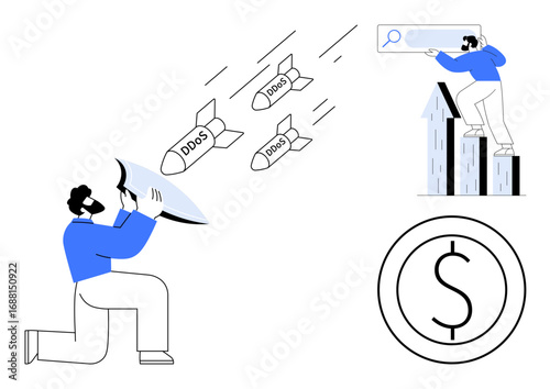 Person deflecting DDoS missile attacks, another analyzing search data on bar charts, and a dollar coin. Ideal for cybersecurity, financial safety, digital defense, analytics, data protection