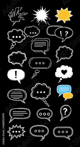 Collection of diverse hand drawn speech bubbles and communication symbols for messaging and discussion designs
