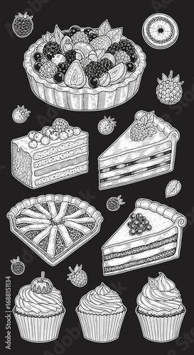 A collection of delicious hand drawn desserts featuring cakes pies and cupcakes with berries and fruit decorations