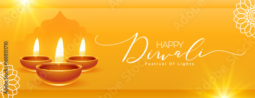 happy diwali wishes yellow banner with glowing diya