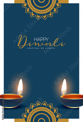 happy diwali festive poster with realistic glowing diya