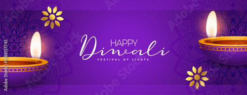happy diwali wishes purple banner with glowing diya