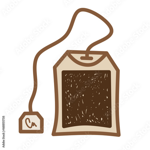 A teabag illustration icon with label and string for beverage, cafe, and packaging design