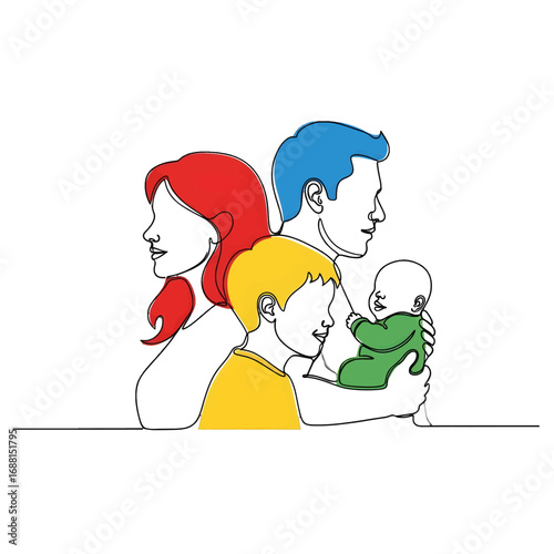 Minimalist Family Illustration with Red Haired Mother Blue Haired Father Yellow Child and Green Clothed Baby on White Background