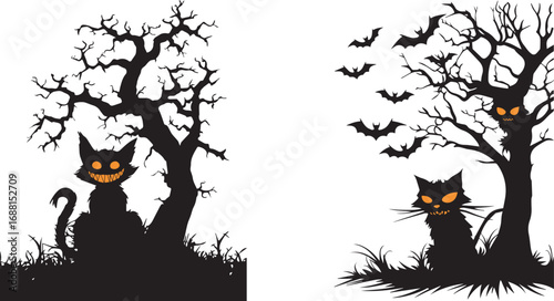 Fotografie Halloween black cheshire cat silhouette vector illustration spooky tree bats gra