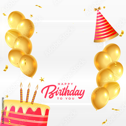 happy birthday eve cake background with golden balloons and cap design