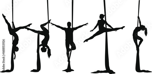 Aerial silk acrobat silhouettes, circus performer vector, suspended dance poses, athletic flexibility art, aerialist illustration, strength movement graphic, acrobatic fabric sketch