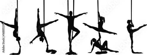 Aerial silk acrobat silhouettes, circus performer vector, suspended dance poses, flexibility and strength art, aerialist illustration, fabric movement sketch, acrobatic routine graphic