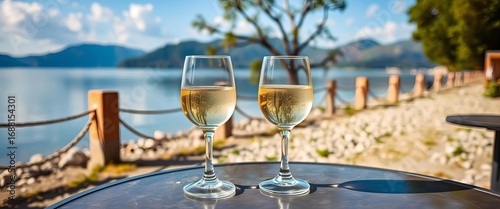 Two chilled glasses of white wine on lakeside table overlooking Garla Lake,   background,  cool