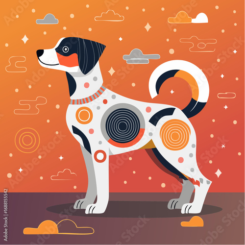 Artistic representation of a playful dog with abstract geometric circles and unique markings in a contemporary vector style