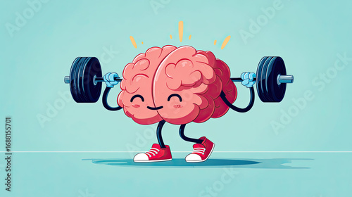 Brain lifting heavy weights in gym workout concept. A cartoon brain lifting weights, symbolizing mental strength and fitness.