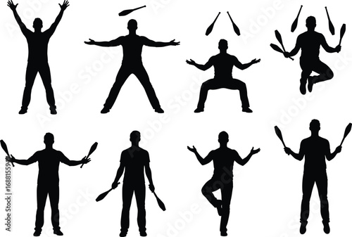 Juggling silhouette vector illustration, black performer icons, club juggling poses, circus skill graphic, athletic movement design, isolated entertainment sketch