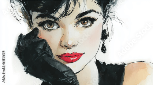 Vector illustration of glamorous woman in black gloves and red lips isolated on white. Watercolor painting