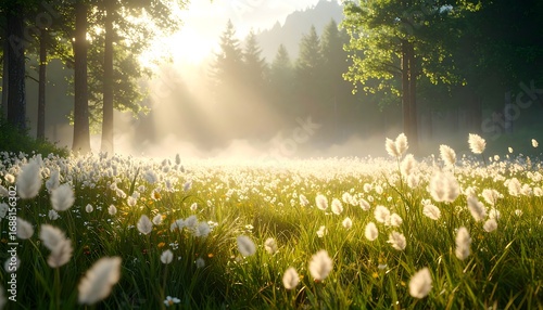 Cotton Grass Meadow in Morning Light with Forest Backdrop